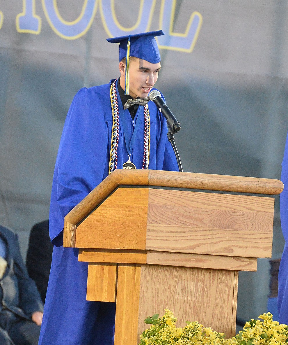 Senior Class Vice President Cole Fernandez speaks as Prescott High School graduated 301 students in a commencement ceremony Friday, May 24 on Bill Shepard Field in Prescott. (Les Stukenberg/Courier)