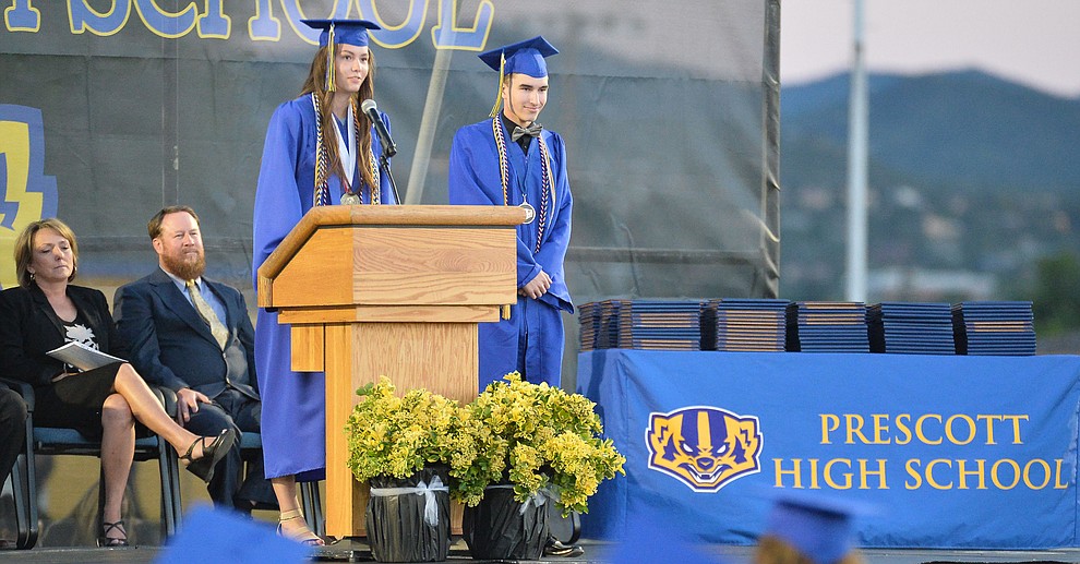 Senior Class President Dani Dreher speaks as Prescott High School graduated 301 students in a commencement ceremony Friday, May 24 on Bill Shepard Field in Prescott. (Les Stukenberg/Courier)