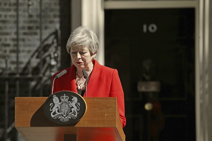 Britain's Prime Minister Theresa May makes a statement outside at 10 Downing Street in London, Friday May 24, 2019. Theresa May says she'll quit as UK Conservative leader on June 7, sparking contest for Britain's next prime minister. (Yui Mok/PA via AP)