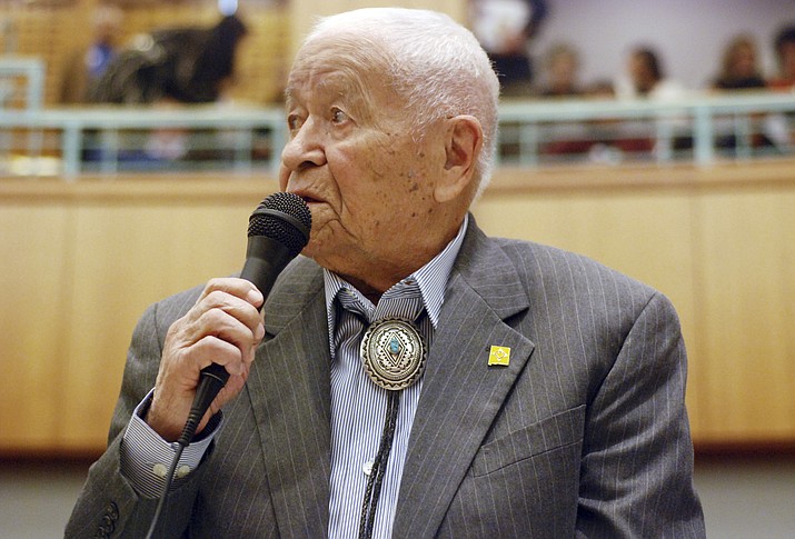 Democratic New Mexico state Sen. John Pinto talks about his career as a lawmaker on American Indian Day, Feb. 2, 2018, in the Legislature on in Santa Fe, N.M. Pinto joined the Senate in 1977 and is 92 years old. He was a Marine who trained as a Navajo code talker during World War II. His singing of the "Potato Song" is an annual Senate ritual. (Morgan Lee/AP, File)