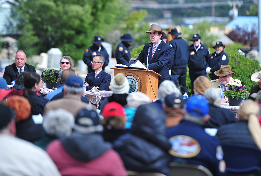 Ken Bennett speaks during the Memorial Day Ceremony at the Citizens Cemetery Monday, May 27 in Prescott. (Les Stukenberg/Courier)