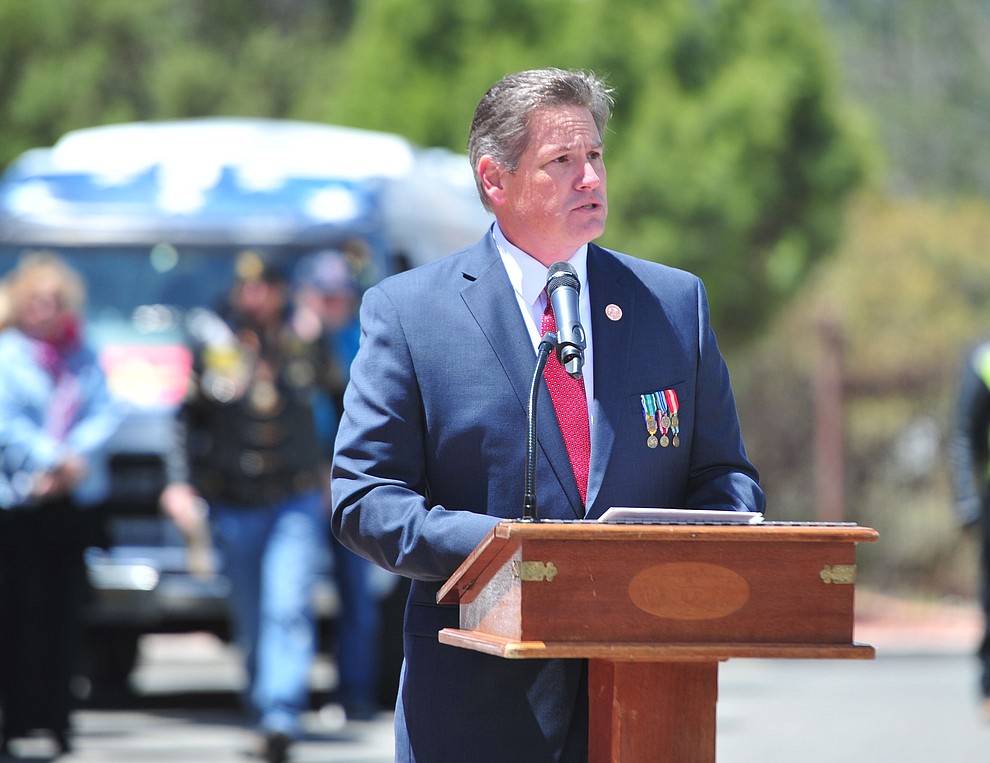Yavapai County Supervisor Jack Smith speaks during the Memorial Day Ceremony at the National Cemetery Monday, May 27 in Prescott. (Les Stukenberg/Courier)