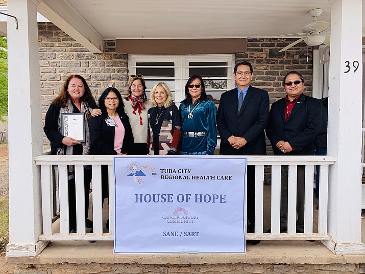 Navajo Nation President Jonathan Nez joins Dr. Jill Biden, CEO of TCRHCC Lynette Bonar and other health industry leaders in Tuba City at the House of Hope, the new cancer treatment facility on the Navajo Nation. (Office of the President and Vice President)