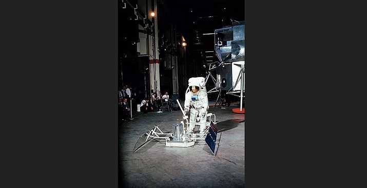 Apollo 11 crew, of Armstrong and Aldrin, in Building 9 practicing the lunar extravehicular activity (EVA) sequences. (NASA photo)