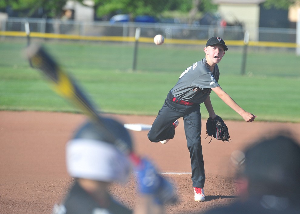 Prescott Valley's Connor Wallace delivers a pitch against Prescott at the Little League Tournament of Champions in Chino Valley Saturday May 31. (Les Stukenberg/Courier)