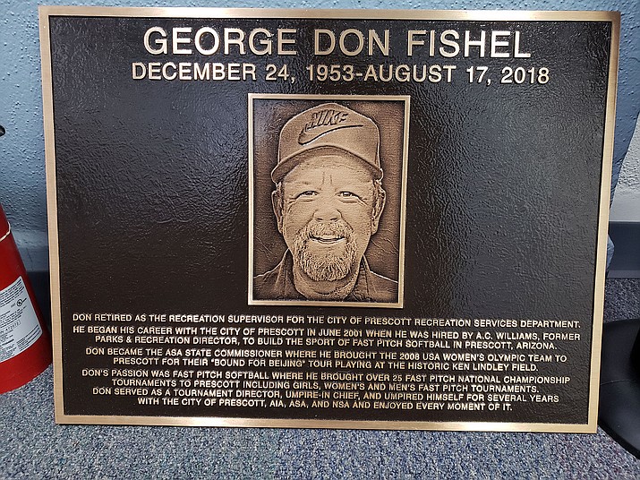 The Prescott Parks and Recreation Department is honoring former rec supervisor Don Fishel, who died of cancer in 2018, with this plaque during the inaugural National Softball Association (NSA) Don Fishel Memorial “Friendly Get Together” girls fastpitch tournament at 2 p.m. Saturday, June 1, 2019, at Pioneer Park. (Rick Hormann/Courtesy)