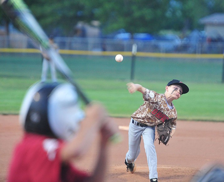 Bagdad’s Mikey Langston pitches against Verde Valley at the Arizona District 10 Little League Majors Tournament of Champions in Chino Valley Friday, May 31. (Les Stukenberg/Courier)