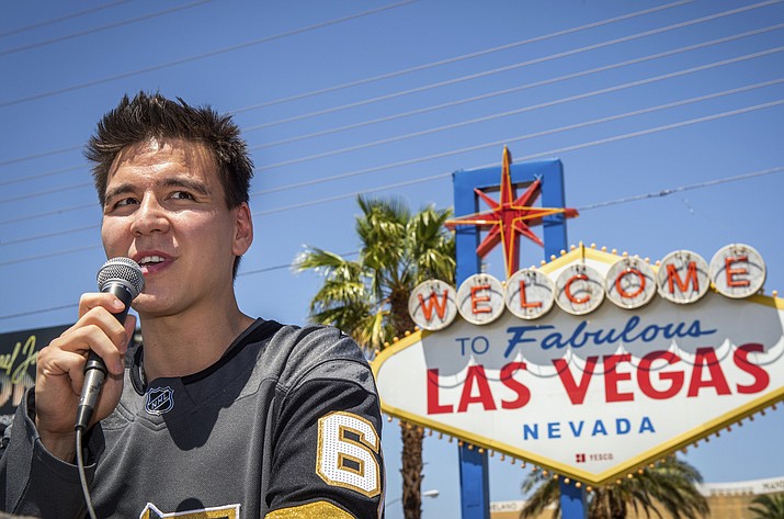 In this May 2, 2019, file photo, "Jeopardy!" sensation James Holzhauer speaks after being presented with a key to the Las Vegas Strip in front of the Welcome to Fabulous Las Vegas sign in Las Vegas. (Caroline Brehman, Las Vegas Review-Journal via AP, File)