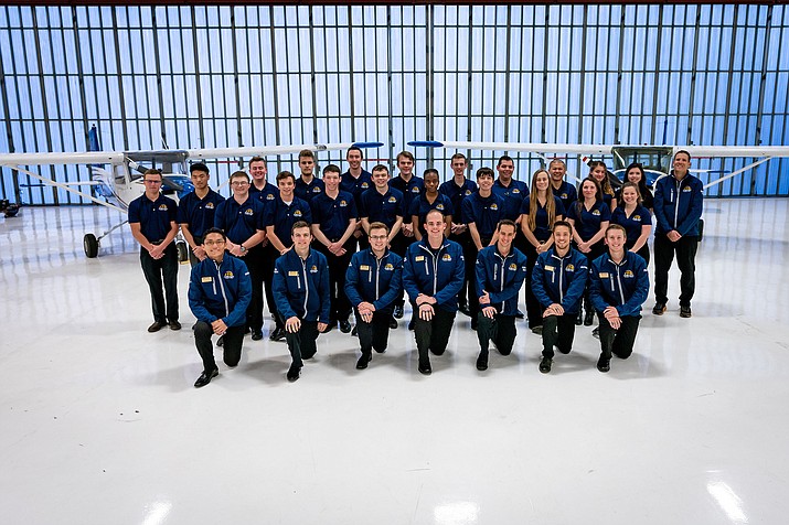 Embry-Riddle Aeronautical University’s Golden Eagles Flight Team poses at the 2019 National Intercollegiate Flying Association (NIFA) Safety and Flight Evaluation Conference (SAFECON) competition held at the University of Wisconsin. (ERAU/Courtesy)