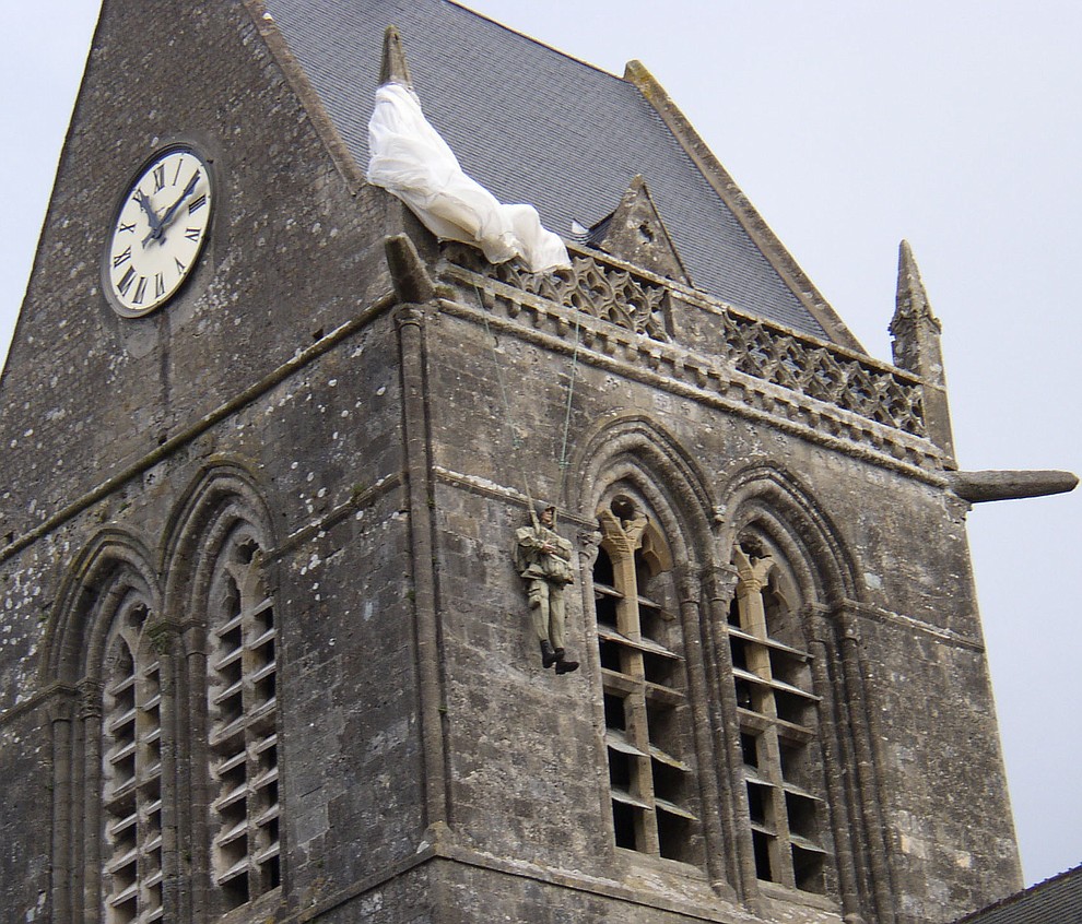 The Cathedral in St. Mere Eglise with a replica of the paratrooper who got hung up on it's steeple photographed during a 2009 tour of the Normandie region of France. (Bill Morrison/Courtesy photo)