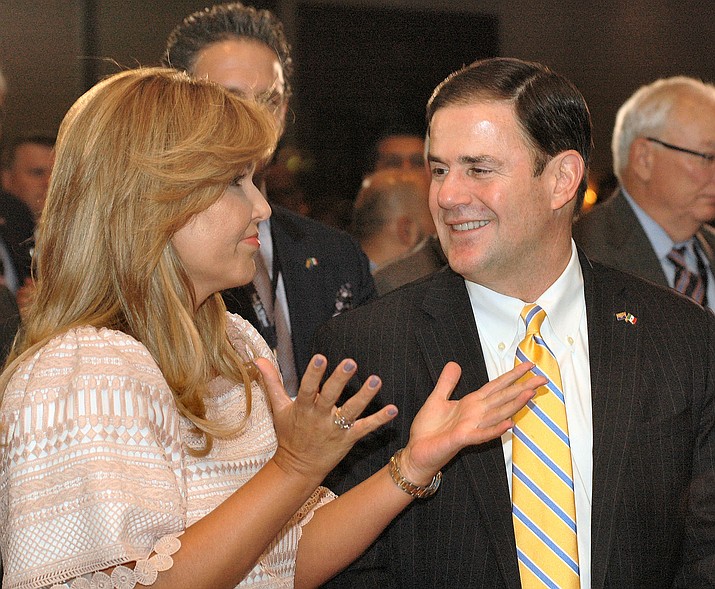 Sonora Gov. Claudia Pavlovich in 2017 meeting in Phoenix with Arizona Gov. Doug Ducey. (Howard Fischer/Capitol Media Services file)