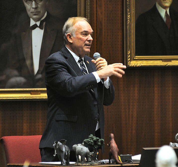 Don Shooter, on his last day as a state representative last year, addresses colleagues ahead of their 56-3 vote to remove him from office over allegations of sexual harassment. (Howard Fischer/Capitol Media Services, file)