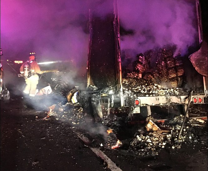 An truck hauling eggs caught fire near the Acrosanti Exit on I-17 June 14. (ADOT/photo)