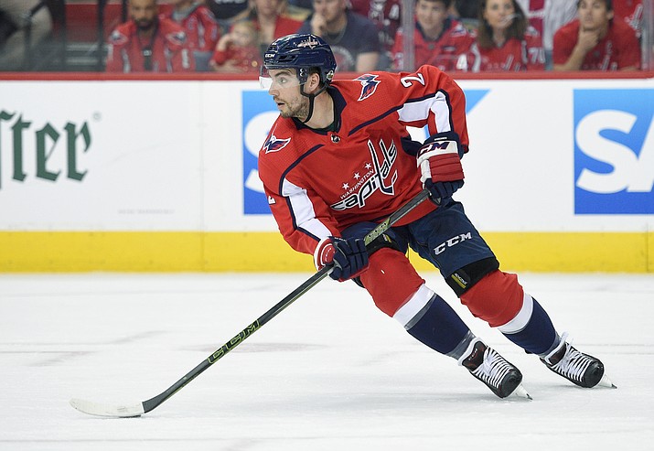In this April 26, 2018, file photo, Washington Capitals defenseman Matt Niskanen (2) skates with the puck during the first period in Game 1 of an NHL second-round hockey playoff series against the Pittsburgh Penguins,in Washington. The Philadelphia Flyers have acquired defenseman Matt Niskanen from the Washington Capitals for defenseman Radko Gudas. This is the first significant move of the NHL offseason after the St. Louis Blues won the Stanley Cup less than 36 hours prior. (Nick Wass/AP, file)