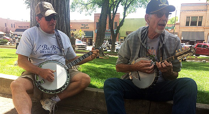 John Regalado and Rudy Mamula jam on the courthouse plaza during the 38th annual Prescott Bluegrass Festival on Saturday, June 22. The festival continues, starting at 11 a.m., Sunday, June 23. (Jason Wheeler/Courier)