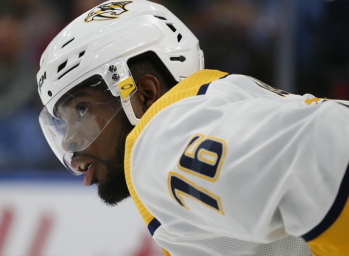Nashville Predators defenseman P.K. Subban looks on during the third period of a game April 2, 2019, against the Buffalo Sabres in Buffalo, N.Y. The New Jersey Devils have acquired Subban from the Nashville Predators in exchange for Steven Santini, Jeremy Davies and a pair of draft picks. (Jeffrey T. Barnes/AP, File)