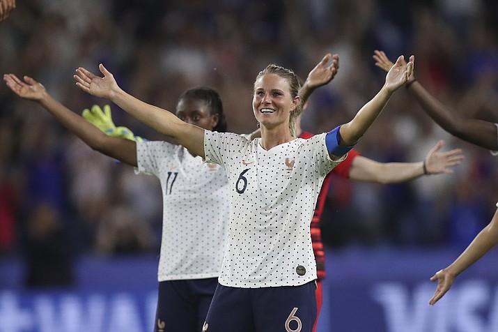 France's Amandine Henry celebrates at the end of the Women's World Cup round of 16 soccer match between France and Brazil at the Oceane stadium in Le Havre, France, Sunday, June 23, 2019. France beat Brazil 2-1. (Francisco Seco/AP)