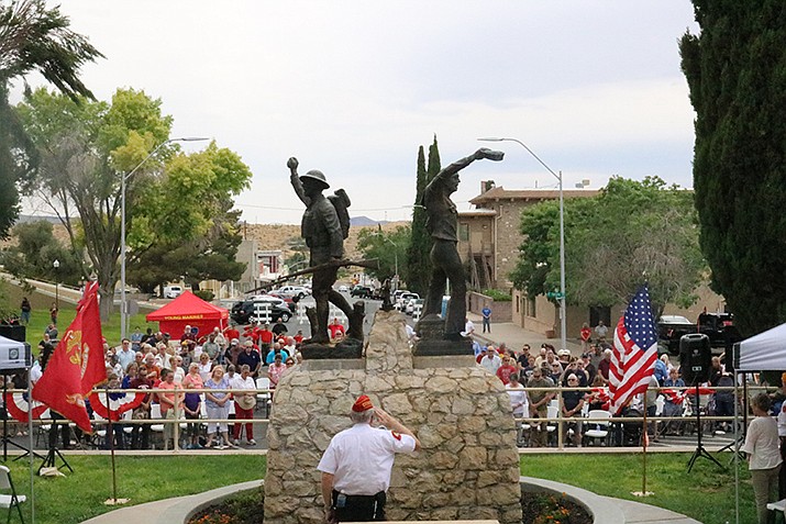 A rededication ceremony for the restored World War I Monument held Saturday, June 29, saw community members, elected officials and their representatives, military personnel and veterans gather in front of Mohave County Superior Court. (Photo by Travis Rains/Daily Miner)