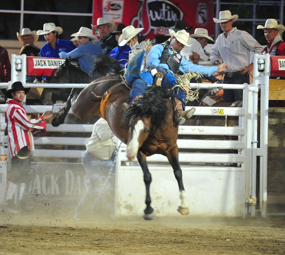 Hunter Green scores 76 on Karate Hottie in the bareback riding during the first performance of the Prescott Frontier Days Rodeo Monday July 1, 2019. (Les Stukenberg/Courier)