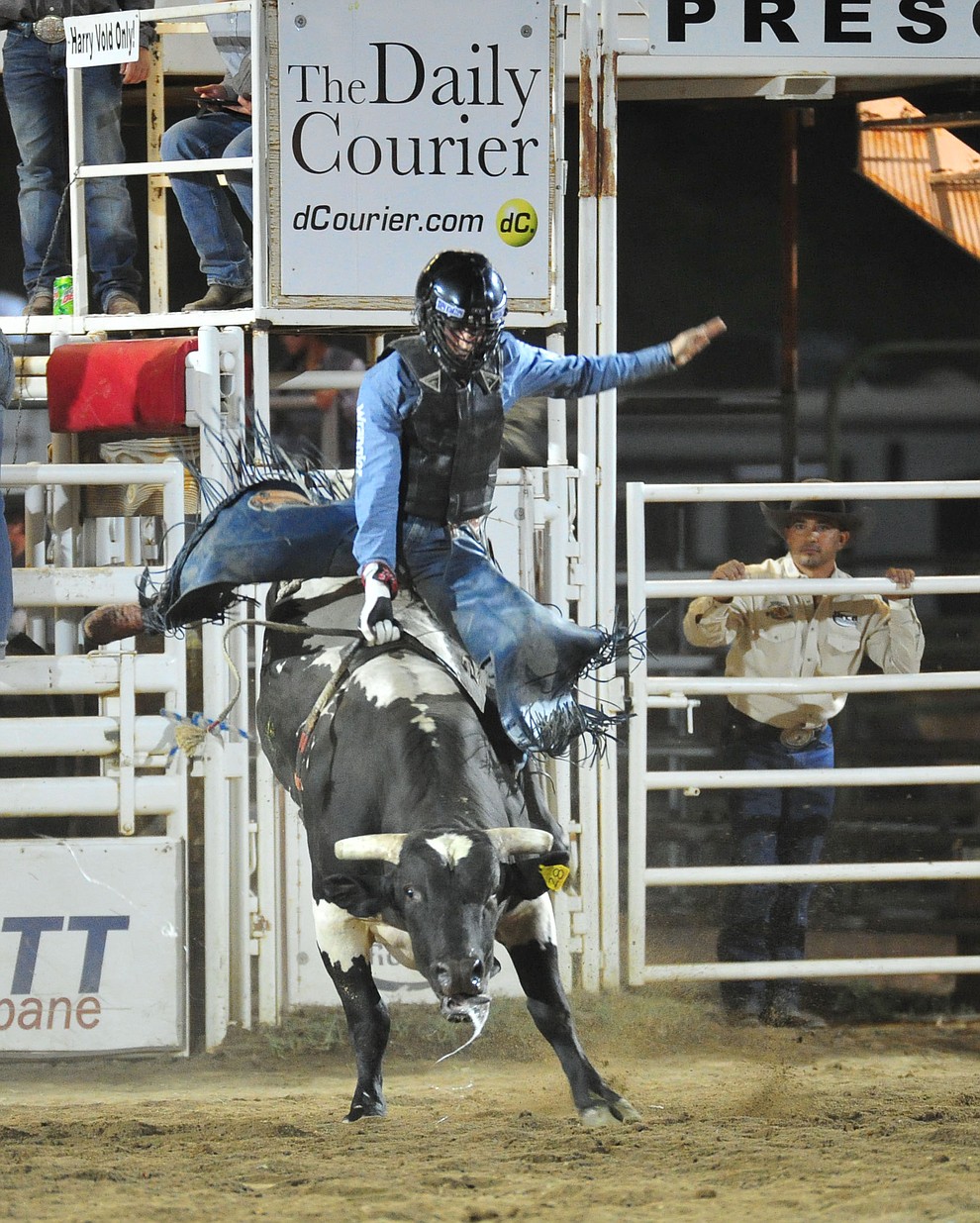 Trey Kimzey scores 76 on Slow and Easy in the bull riding during the first performance of the Prescott Frontier Days Rodeo Monday July 1, 2019. (Les Stukenberg/Courier)