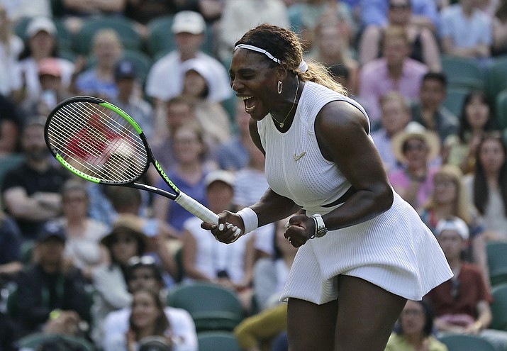 United States' Serena Williams celebrates winning a point against Italy's Giulia Gatto-Monticone in a Women's singles match during day two of the Wimbledon Tennis Championships in London, Tuesday, July 2, 2019. (Ben Curtis/AP)