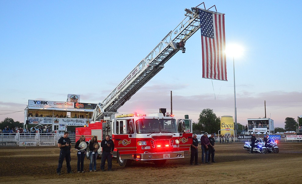First responders from Prescott area agencies were honored during the third performance of the Prescott Frontier Days Rodeo Wednesday July 3, 2019. (Les Stukenberg/Courier)