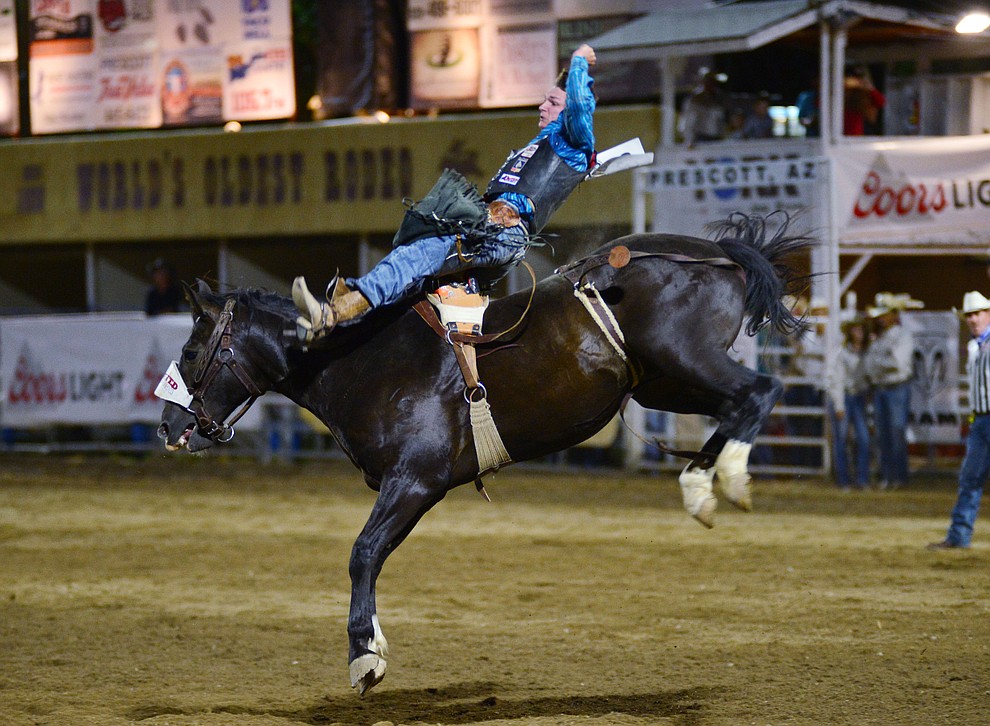 Mark Kreder on Slick during the third performance of the Prescott Frontier Days Rodeo Wednesday July 3, 2019. (Les Stukenberg/Courier)