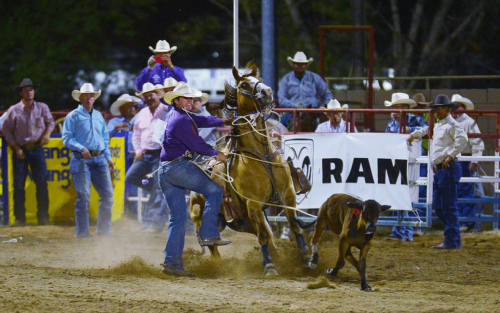 Quade Hiatt in the tie down roping during the third performance of the Prescott Frontier Days Rodeo Wednesday July 3, 2019. (Les Stukenberg/Courier)