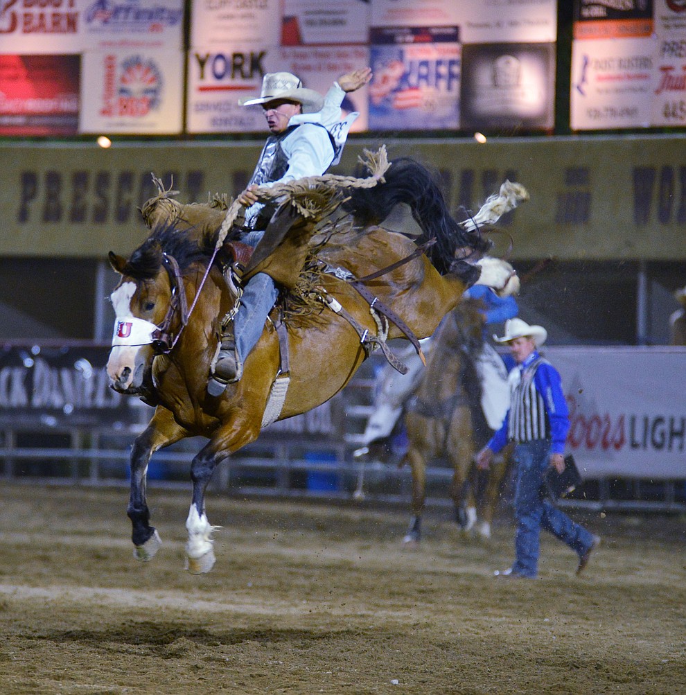 Mason Mardesich on Vegas Strip in the Saddle Bronc Riding during the third performance of the Prescott Frontier Days Rodeo Wednesday July 3, 2019. (Les Stukenberg/Courier)