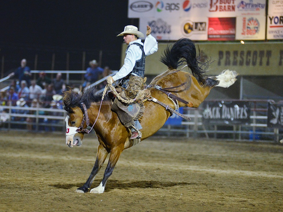 Mason Mardesich on Vegas Strip in the Saddle Bronc Riding during the third performance of the Prescott Frontier Days Rodeo Wednesday July 3, 2019. (Les Stukenberg/Courier)