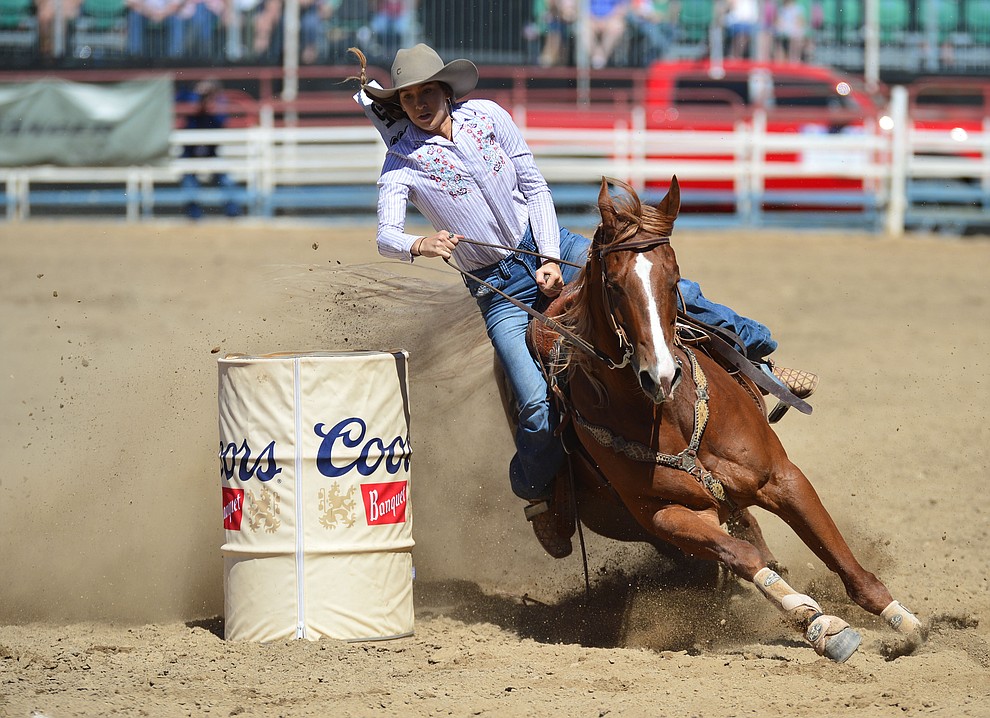Amanda Thorpe in the barrel racing during the fourth performance of the Prescott Frontier Days Rodeo Thursday July 4, 2019. (Les Stukenberg/Courier)