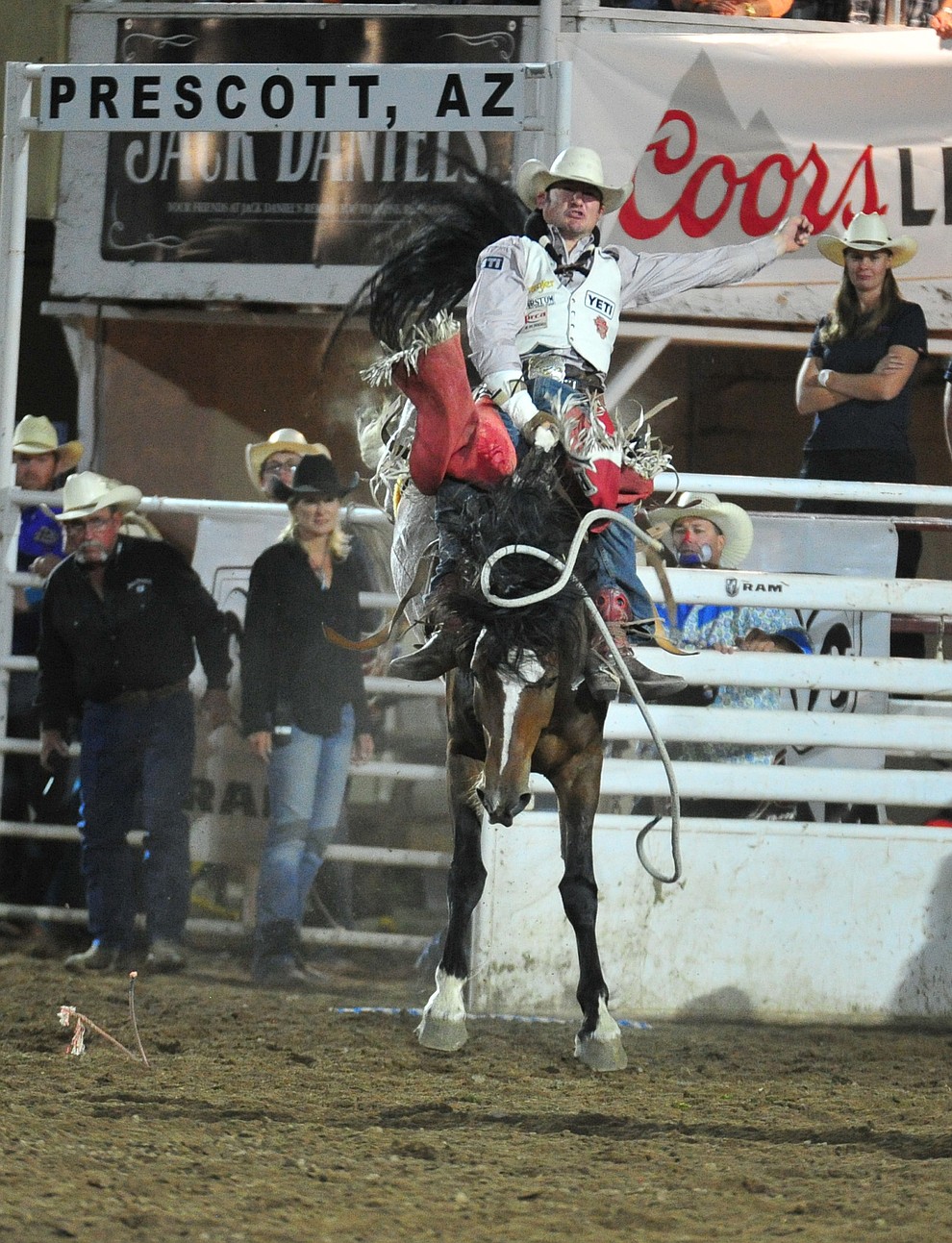 Steven Peebles rides Wrangler Valley in the bareback riding during the 5th performance of the Prescott Frontier Days Rodeo at the Prescott Rodeo grounds Friday July 5, 2019. (Les Stukenberg/Courier)
