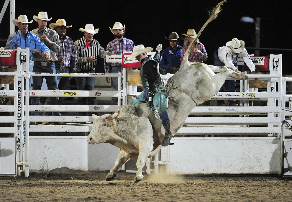 Clayton Sellers on Diamond Cutter in the bull riding during the 5th performance of the Prescott Frontier Days Rodeo at the Prescott Rodeo grounds Friday July 5, 2019. (Les Stukenberg/Courier)