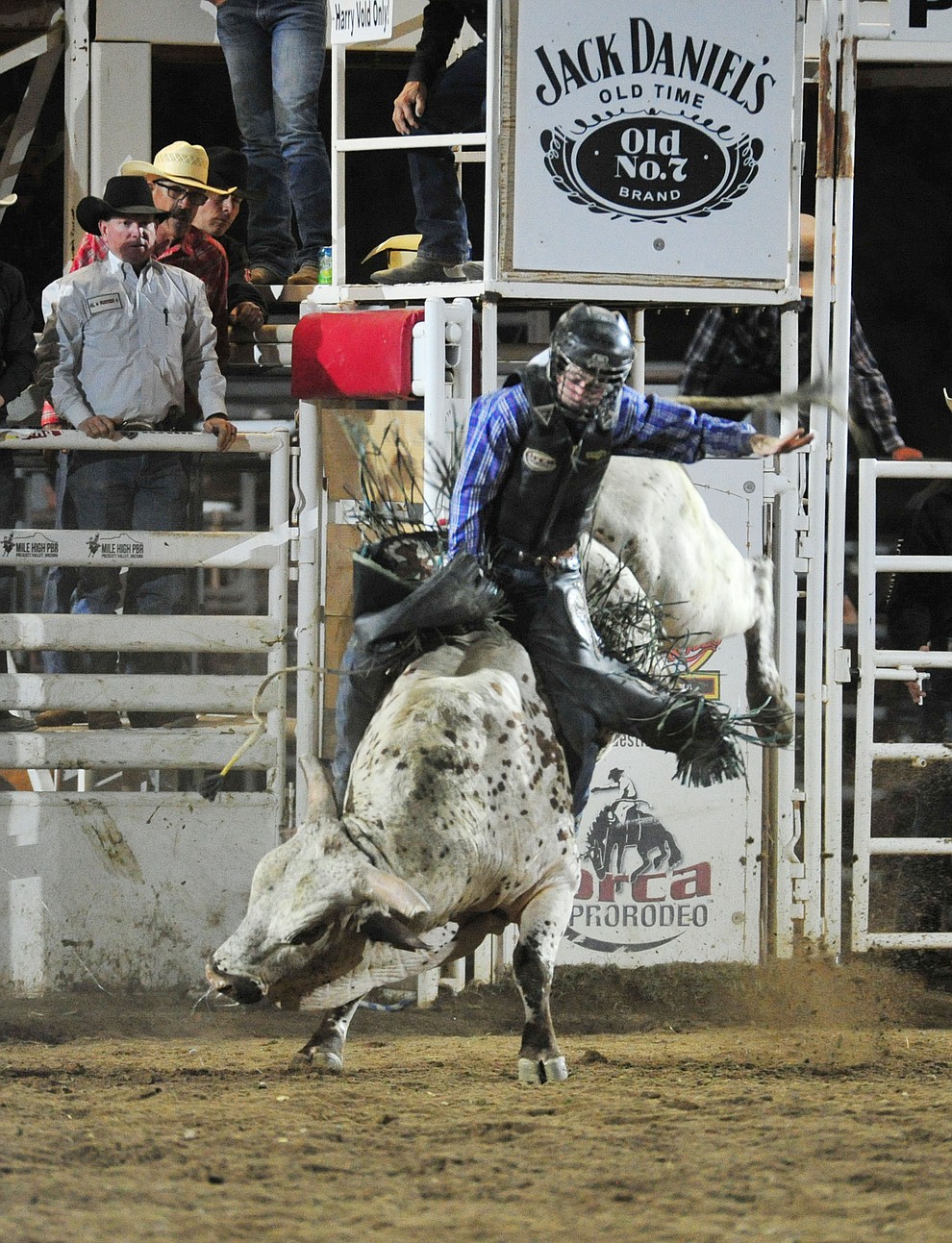 Porter McCown scores 87 on Foolish Dreams to take the lead in the bull riding during the 5th performance of the Prescott Frontier Days Rodeo at the Prescott Rodeo grounds Friday July 5, 2019. (Les Stukenberg/Courier)