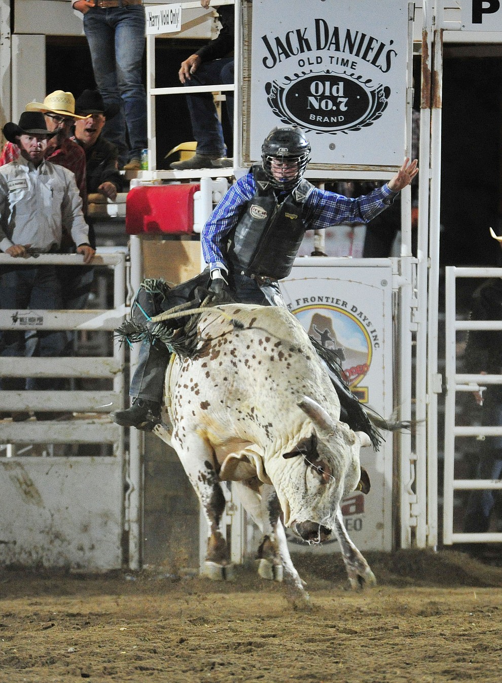 Porter McCown scores 87 on Foolish Dreams to take the lead in the bull riding during the 5th performance of the Prescott Frontier Days Rodeo at the Prescott Rodeo grounds Friday July 5, 2019. (Les Stukenberg/Courier)
