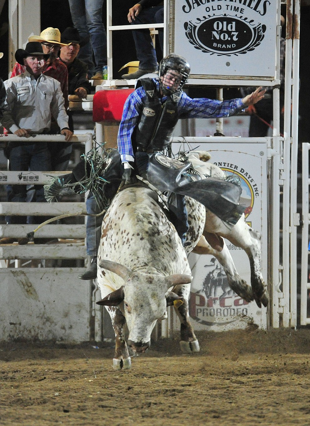 Porter McCown scores 87 on Foolish Dreams to take the lead in the bull riding during the 5th performance of the Prescott Frontier Days Rodeo at the Prescott Rodeo grounds Friday July 5, 2019. (Les Stukenberg/Courier)
