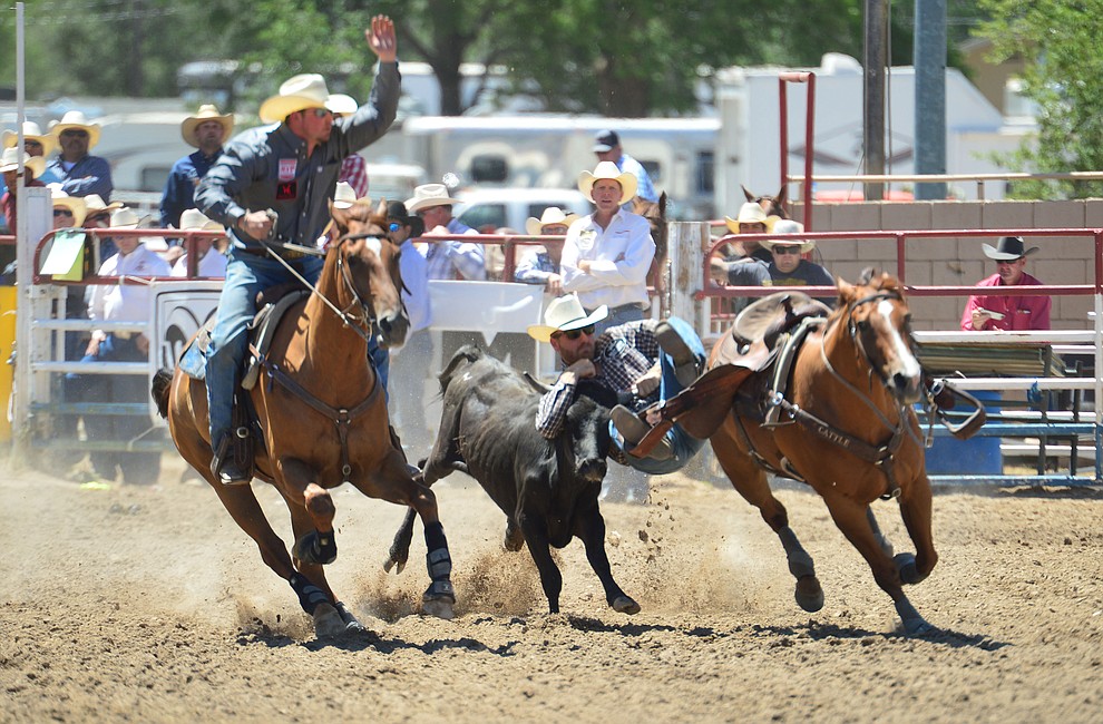 Levi Rudd in the steer wrestling during the 6th performance of the Prescott Frontier Days Rodeo Saturday afternoon July 6, 2019. (Les Stukenberg/Courier)