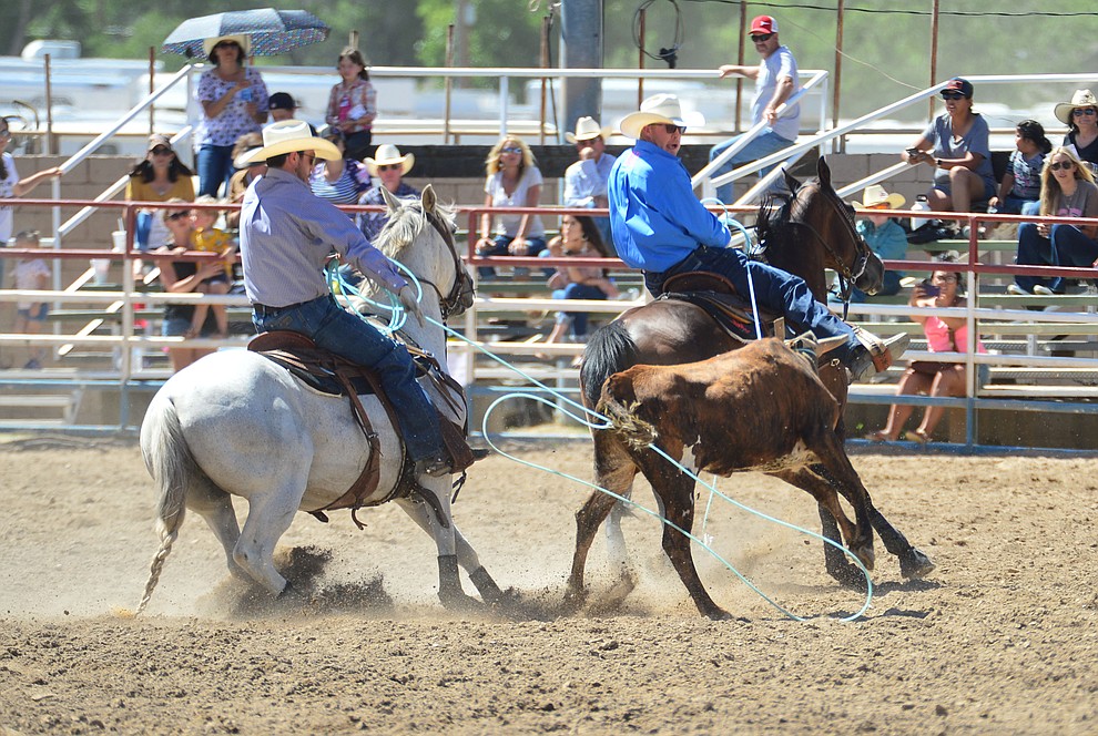 Doyle Hoskins and Morgan McVay have a 7 second run in the team roping during the 6th performance of the Prescott Frontier Days Rodeo Saturday afternoon July 6, 2019. (Les Stukenberg/Courier)