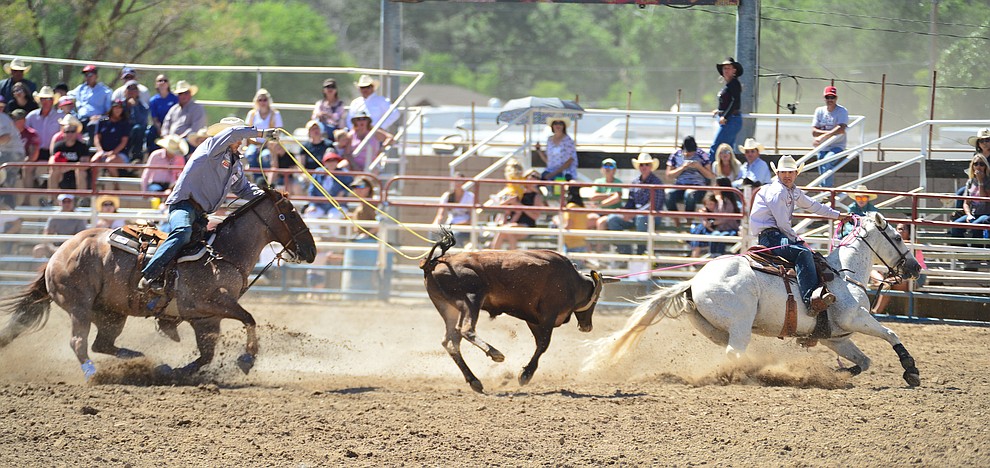 Britt and Jake Smith have a 6.4 second run in the team roping during the 6th performance of the Prescott Frontier Days Rodeo Saturday afternoon July 6, 2019. (Les Stukenberg/Courier)
