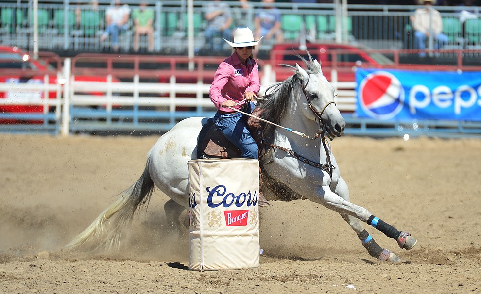 Linnea Nelson runs 18.18 seconds in the barrel race during the 6th performance of the Prescott Frontier Days Rodeo Saturday afternoon July 6, 2019. (Les Stukenberg/Courier)