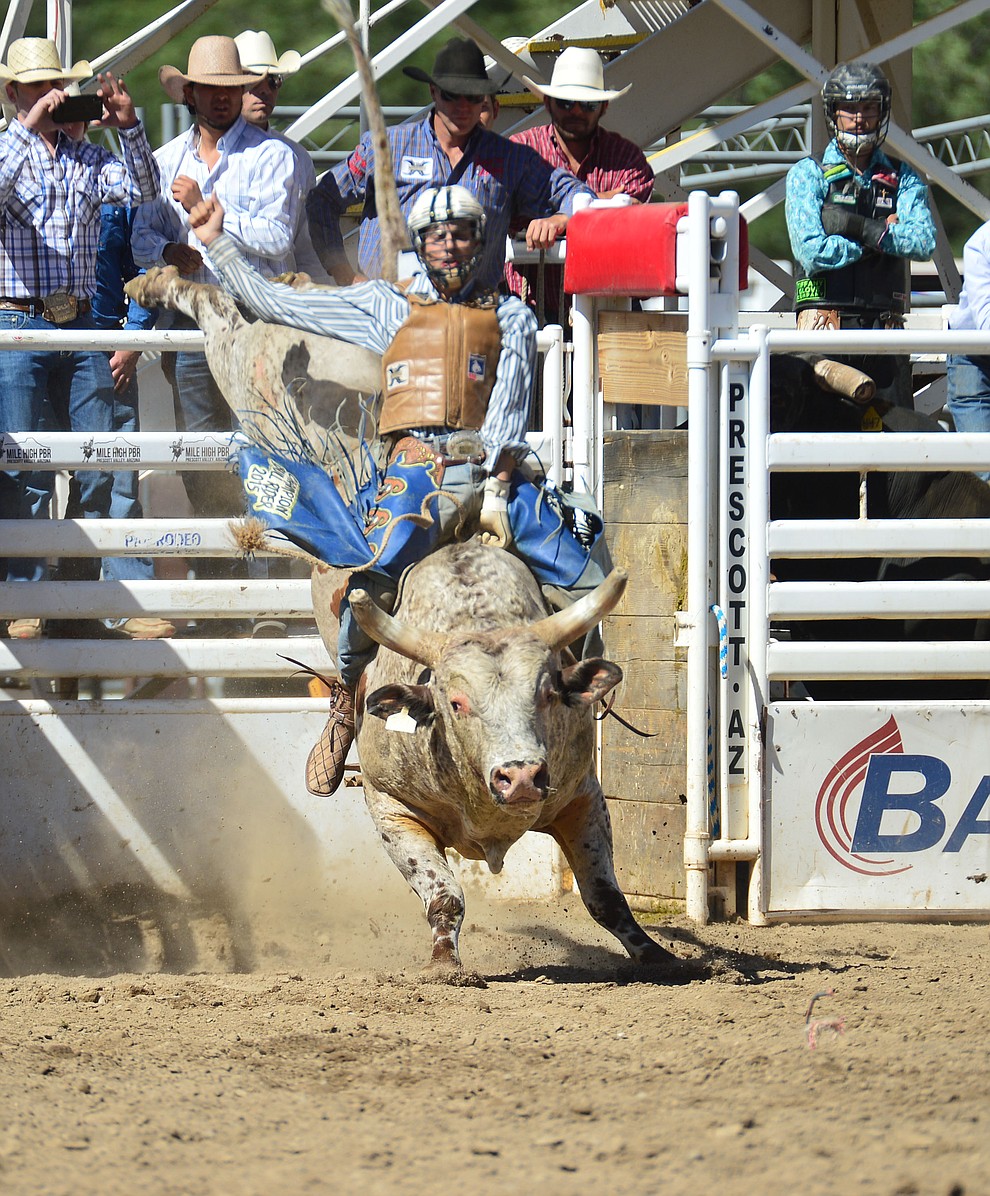 Cody Strite on Yikes in the bull riding during the 6th performance of the Prescott Frontier Days Rodeo Saturday afternoon July 6, 2019. (Les Stukenberg/Courier)