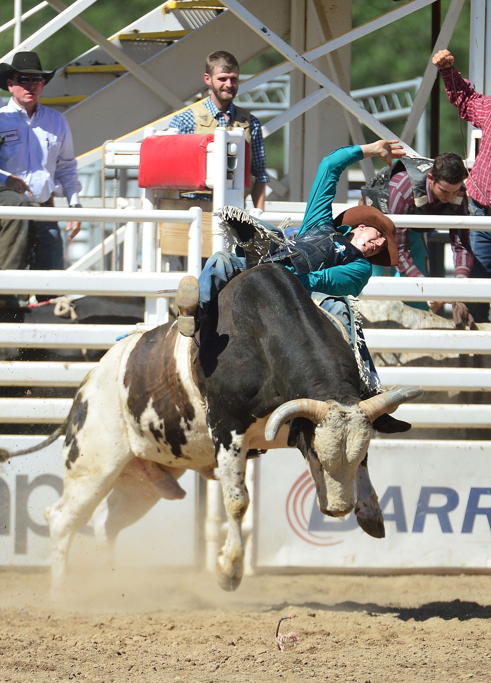 Marty Custer in the bull riding during the 6th performance of the Prescott Frontier Days Rodeo Saturday afternoon July 6, 2019. (Les Stukenberg/Courier)