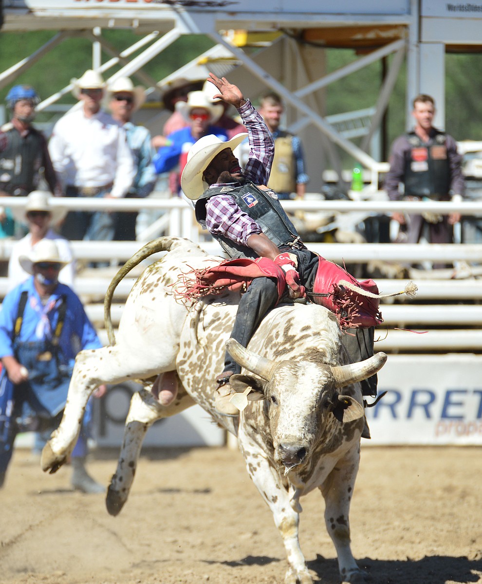 Christopher Byrd on Happy Hooker in the bull riding during the 6th performance of the Prescott Frontier Days Rodeo Saturday afternoon July 6, 2019. (Les Stukenberg/Courier)
