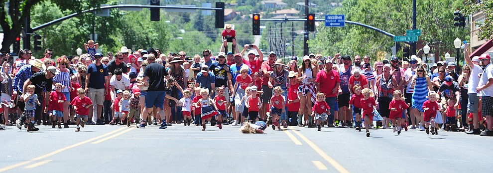 Three and under racers during the 37th annual Whiskey Row Boot Race on Montezuma Street in Prescott Saturday July 6, 2019. (Les Stukenberg/Courier)