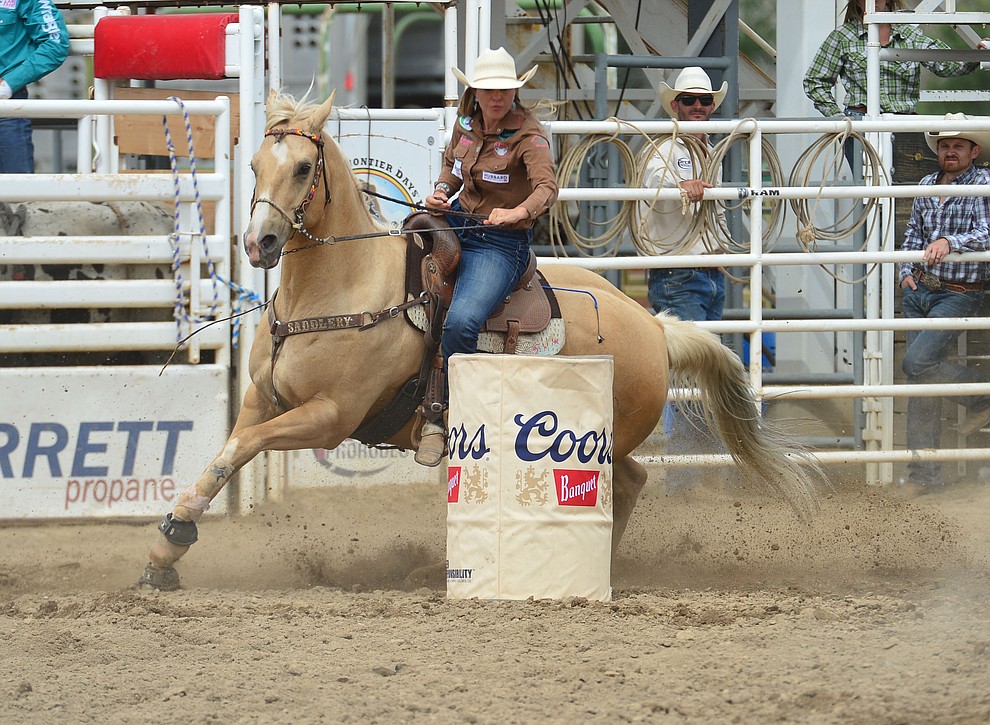 Dewey's Jordan Kircher in the barrel racing during the final performance of the Prescott Frontier Days Rodeo Sunday July 7, 2019. (Les Stukenberg/Courier)