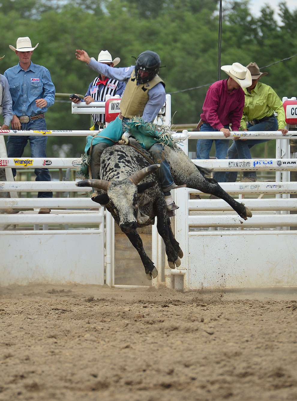 Jake Peterson on Meeko in the bull riding during the final performance of the Prescott Frontier Days Rodeo Sunday July 7, 2019. (Les Stukenberg/Courier)