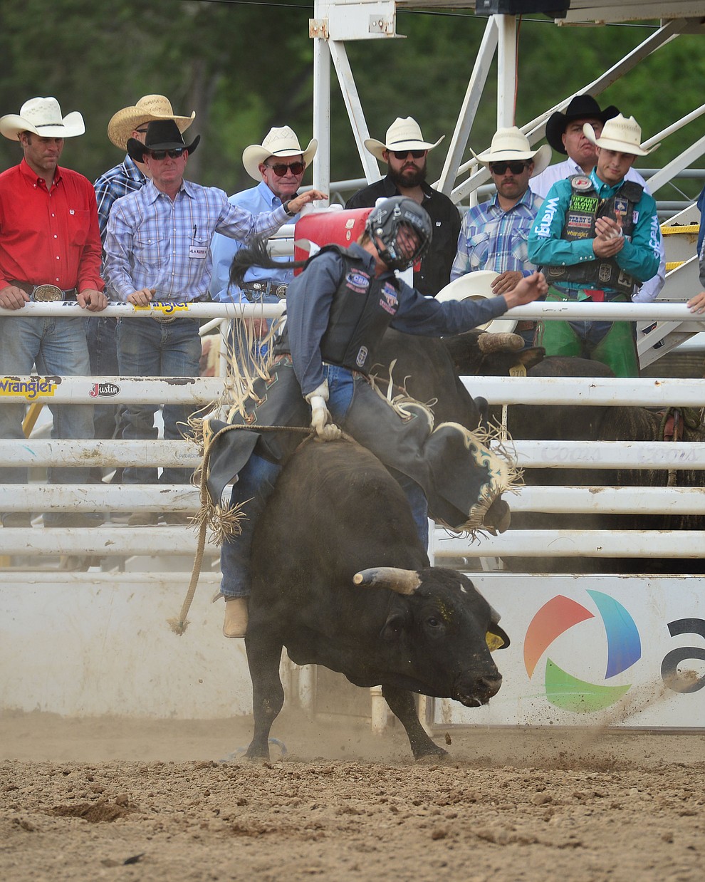 Tyler Taylor scores 80 on Ferdinand in the bull riding during the final performance of the Prescott Frontier Days Rodeo Sunday July 7, 2019. (Les Stukenberg/Courier)