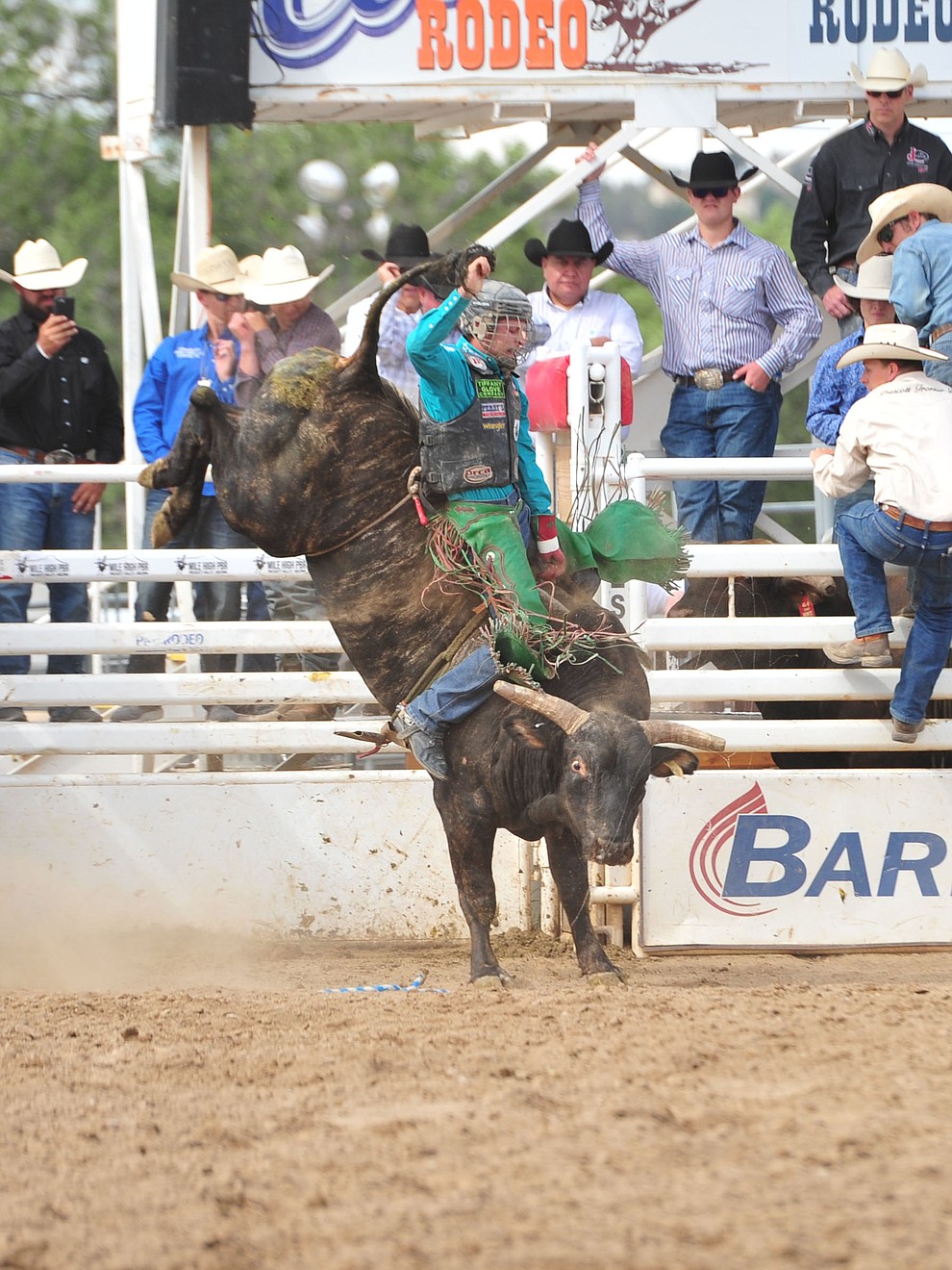 Josh Frost on House of Pain in the bull riding during the final performance of the Prescott Frontier Days Rodeo Sunday July 7, 2019. (Les Stukenberg/Courier)
