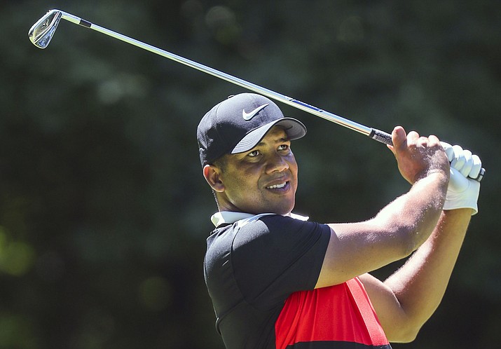 Jhonattan Vegas tees off on six during the second round of the John Deere Classic Friday, July 12, 2019, in Silvis, Ill. (Andy Abeyta/Quad City Times via AP)