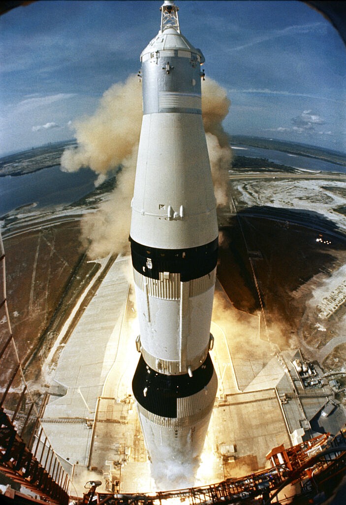 In this July 16, 1969 photo made available by NASA, the 363-feet Saturn V rocket carrying the Apollo 11 crew, launches from Pad A, Launch Complex 39, at the Kennedy Space Center in Florida. (NASA via AP)